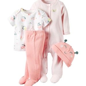 Baby girl outfit in pink and flowers. NB(0) & 3mo